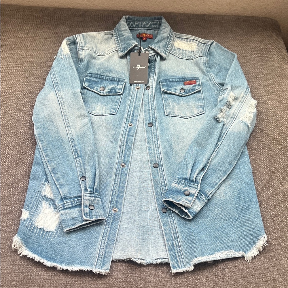 Light Blue Distressed Denim Shirt Jacket - Unbranded